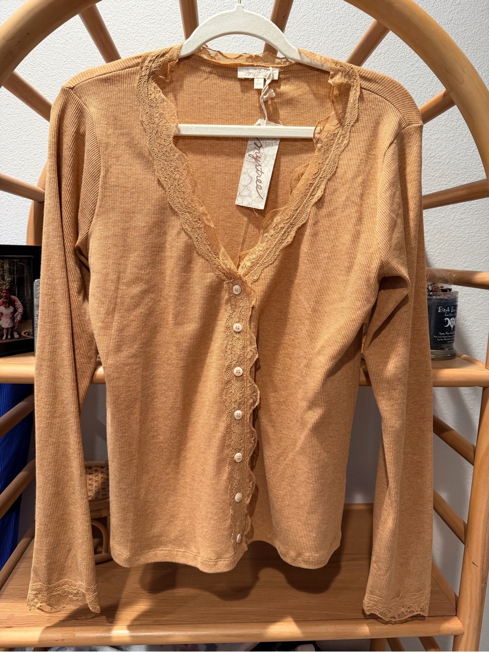 Mystree Lace-Trim Button Front Long Sleeve Top - Tan